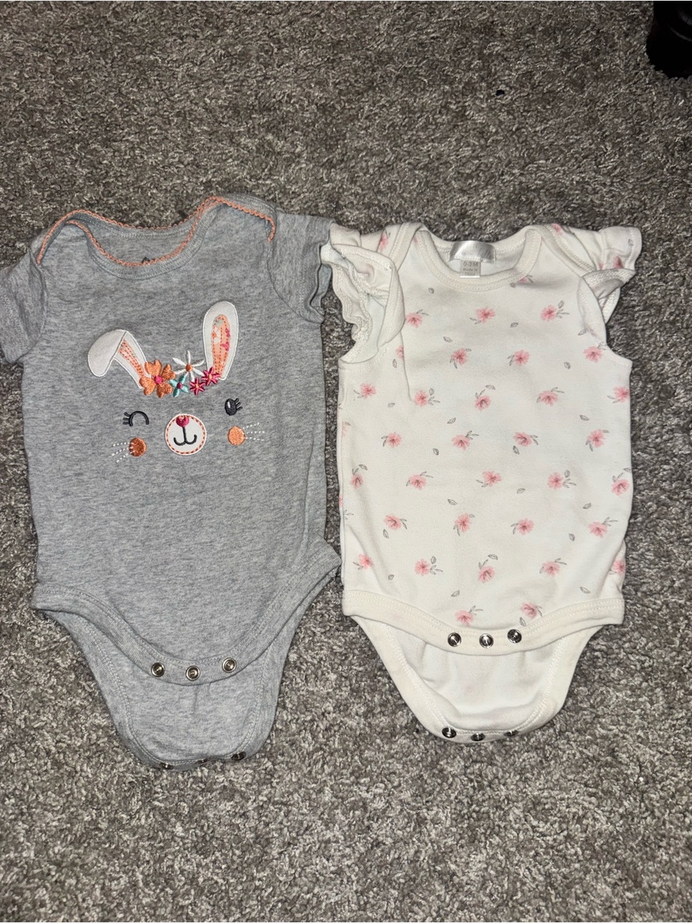 Gray Bunny & Cream Floral Baby One-Piece Bodysuits 0-3 months